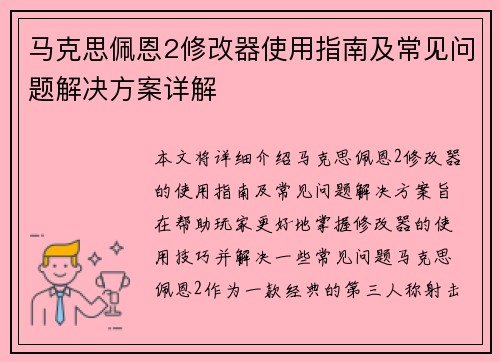 马克思佩恩2修改器使用指南及常见问题解决方案详解